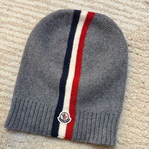 Moncler Kids Grey Wool Tricolor Trimmed Beanie